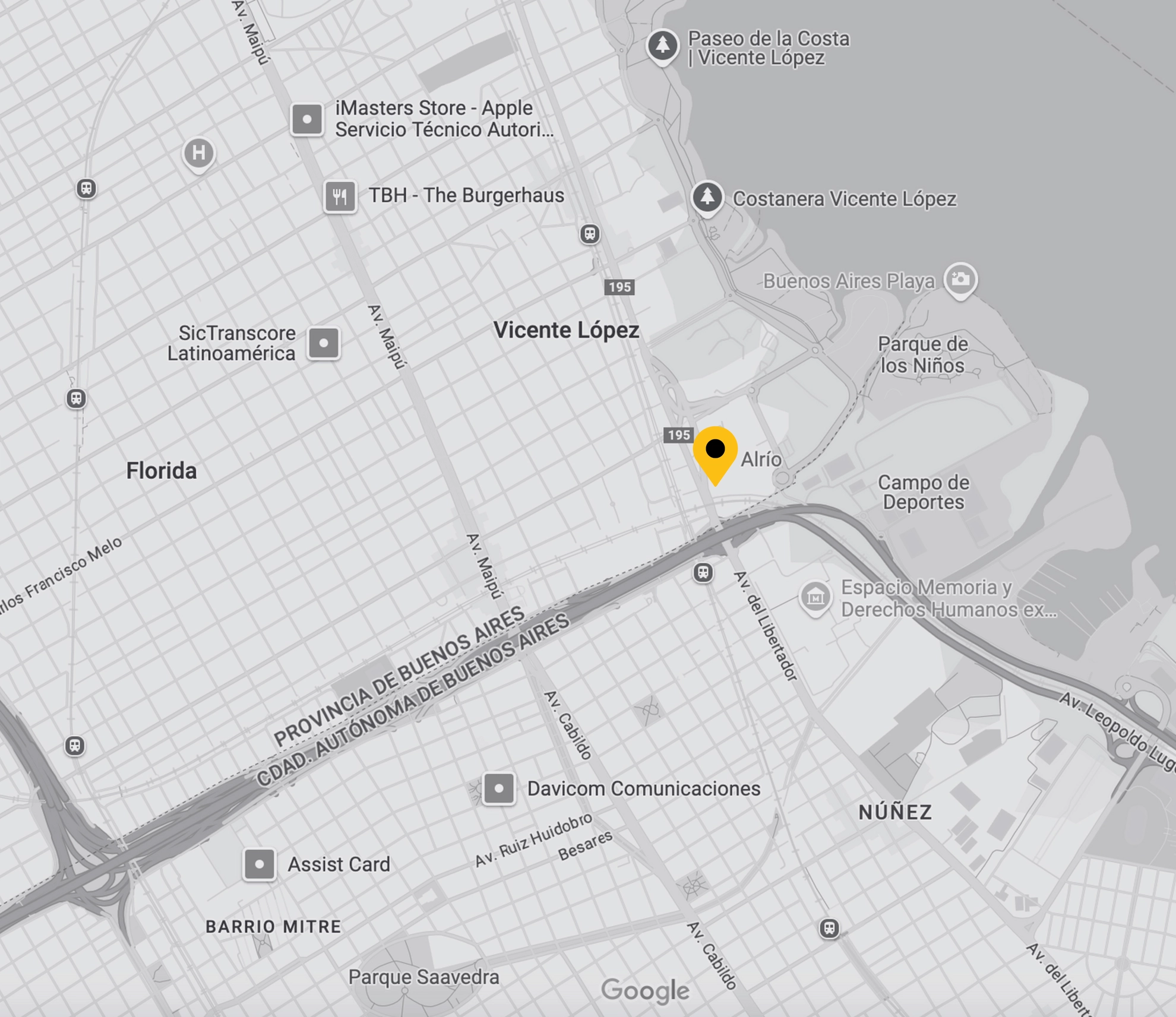 Mapa de Vicente López con la ubicación de CharlyDance Hub en el complejo Al Río.